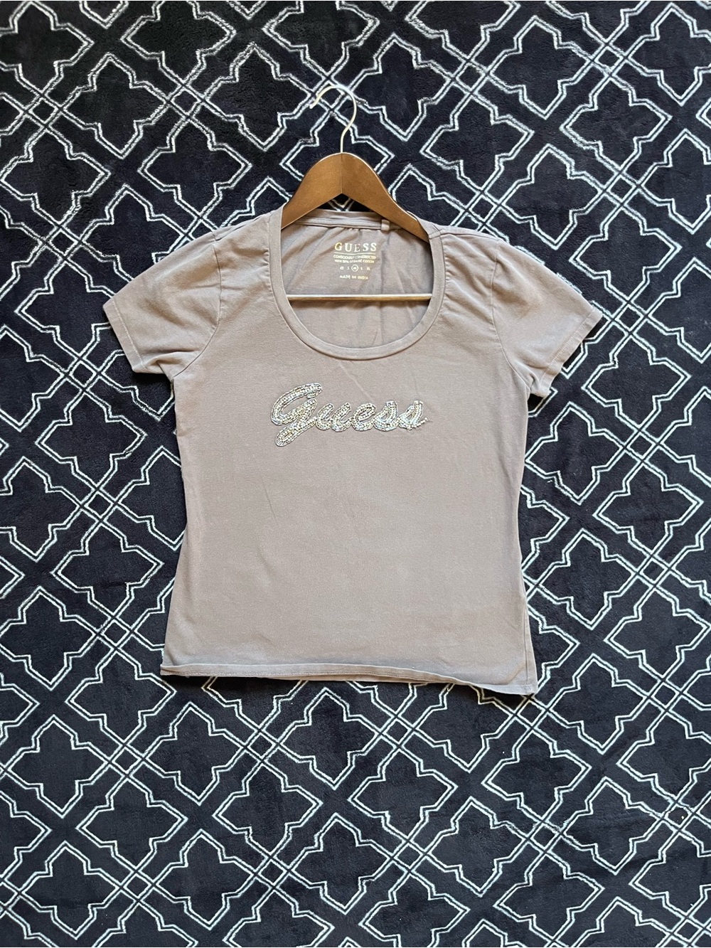 GUESS Taupe Short Sleeve Tee with Rhinestone Logo